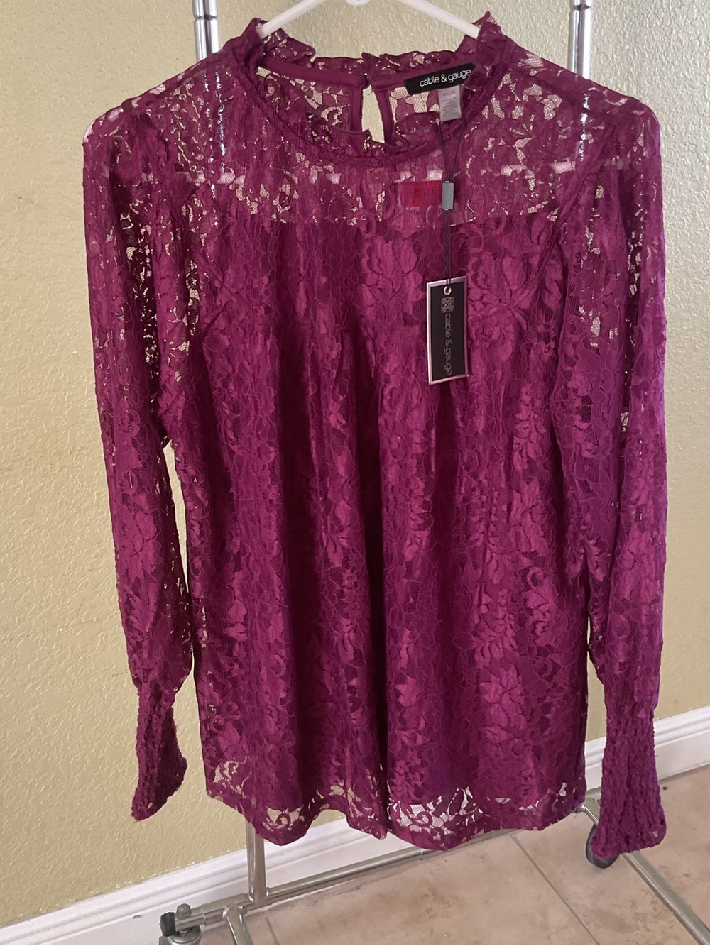 Cable & Gauge Women's Lace Long-Sleeve Blouse in Plum